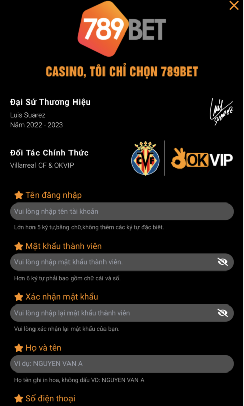 Giao diện đăng ký 789bet trên điện thoại